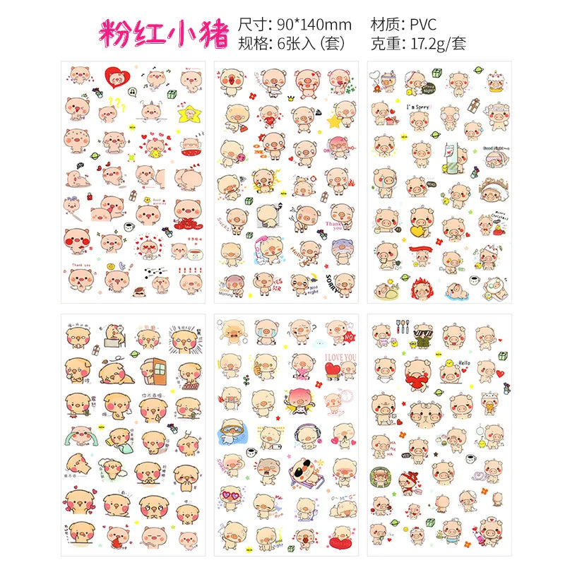 6Pieces/Set Transparent Pvc Waterproof Cartoon Sticker DIY Hand Account Decorative Stickers Kawaii Phone Cup Stickers
