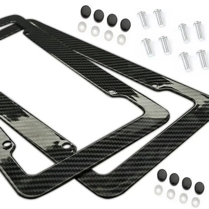 Black Carbon Fiber Pattern Plastic License Plate Frame Fiber Black Aluminum Metal Car Tag Holder Tire Screw Cap Universal Amagi