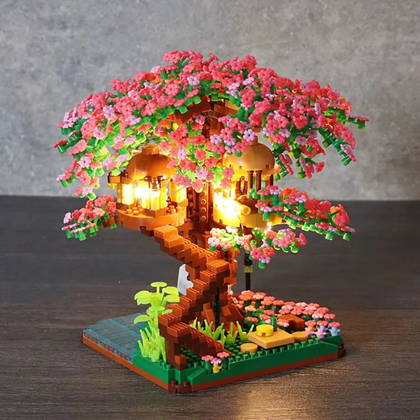 Sakura Tree Micro Blocks with LED Lights - Cherry Blossom Treehouse Model, 3D Romantic Night Glow Decor, Thoughtful Gift for Her