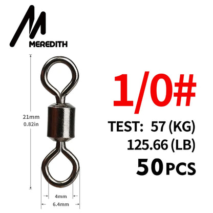 MEREDITH 50PCS/Lot Fishing Swivel Sizes Solid Connector Ball Bearing Snap Fishing Swivels Rolling Stainless Steel Beads