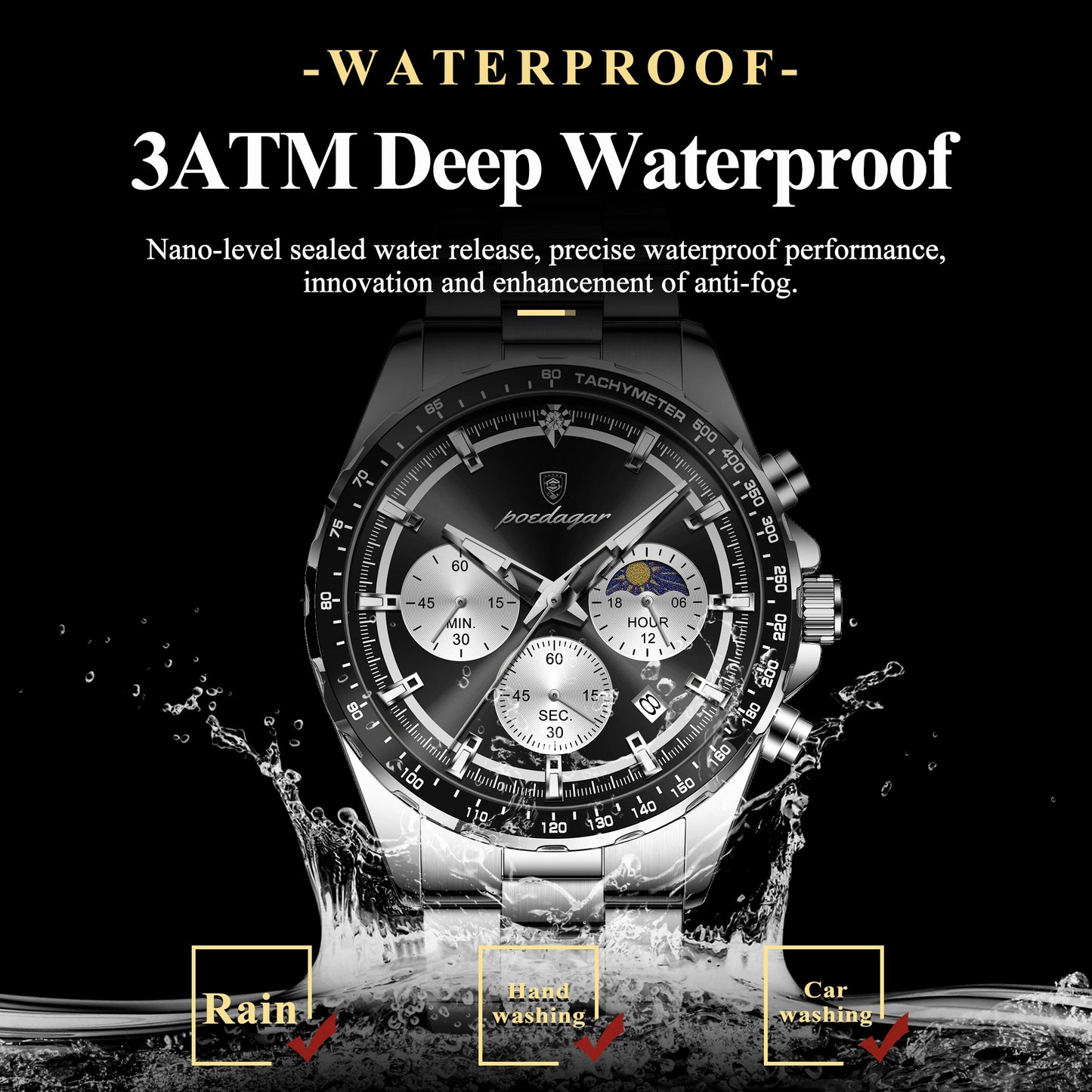 POEDAGAR Business Brand Man Wristwatch Waterproof Stainless Steel Luminous Men Watch Chronograph Date Men's Quartz Watches Reloj