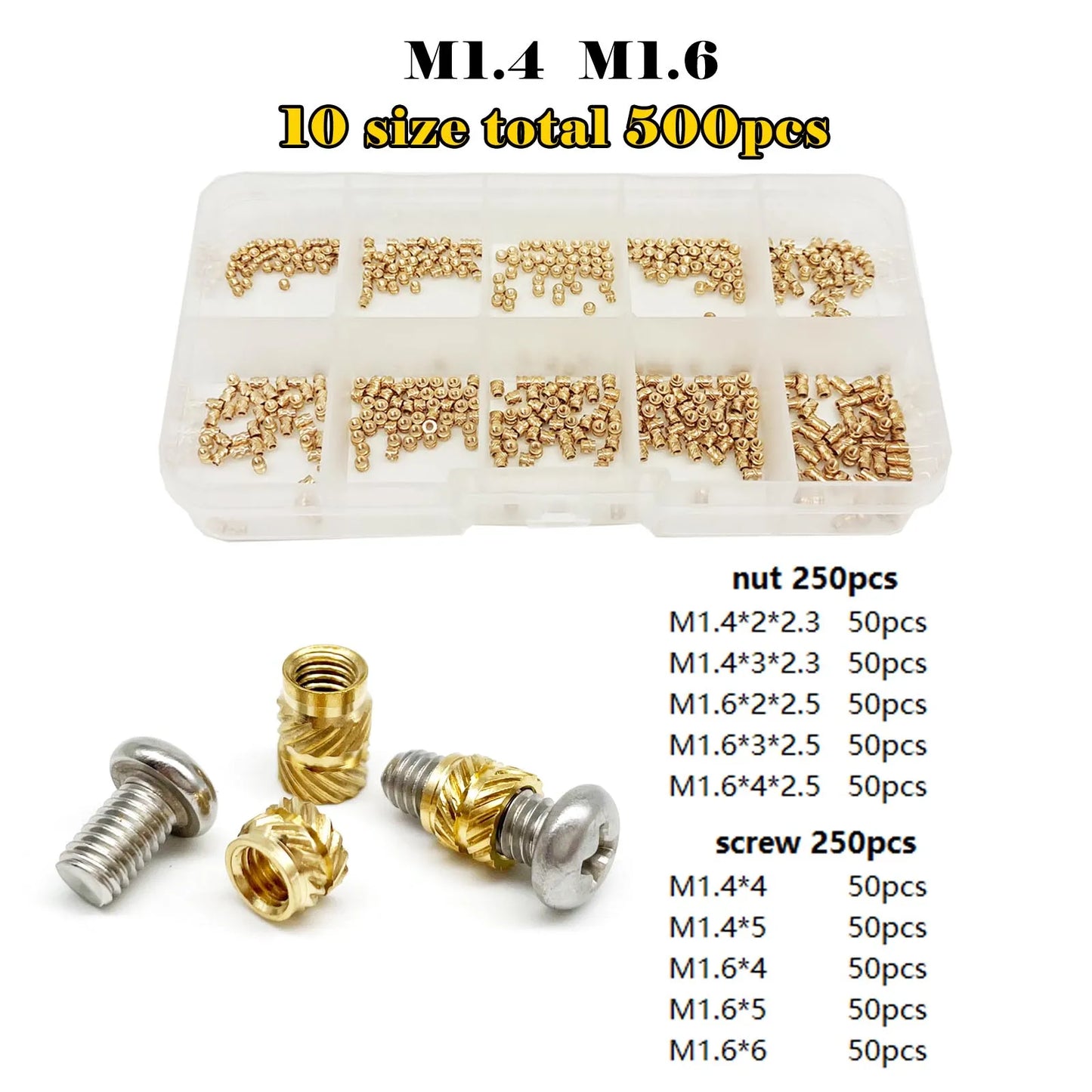 Brass Copper Embed Insert Nut Screw Kit Set M1.4M1.6 M2 M2.5 M3 M4 M5 M6 for Heat Melt Injection 3D Print Twill Knurled Thread