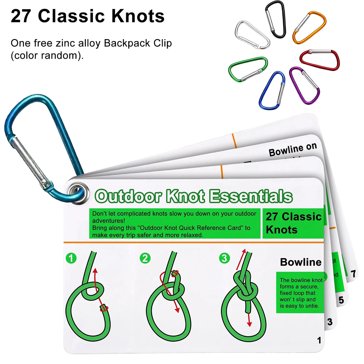 7PCS/SET Outdoor Knot Essentials Cards 27 Classic Knots Guide with Mini Carabiner, Durable Pocket Reference for Camping Backpack
