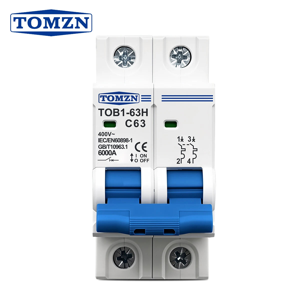 TOMZN 2P AC MCB TOB1-63H C Type 230/400V~ 50/60Hz Mini Circuit Breaker 3A 6A 10A 16A 20A 25A 32A 40A 50A 63A