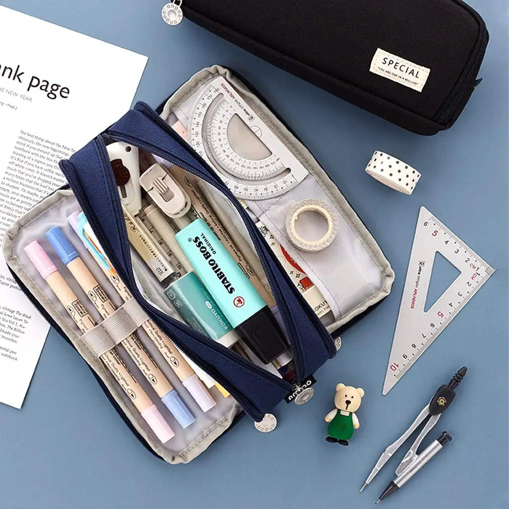 Pencil Case Large Space Storage 3 Compartment Pouch Double Side Opened Student Stationery Desk Organizer School Supplies