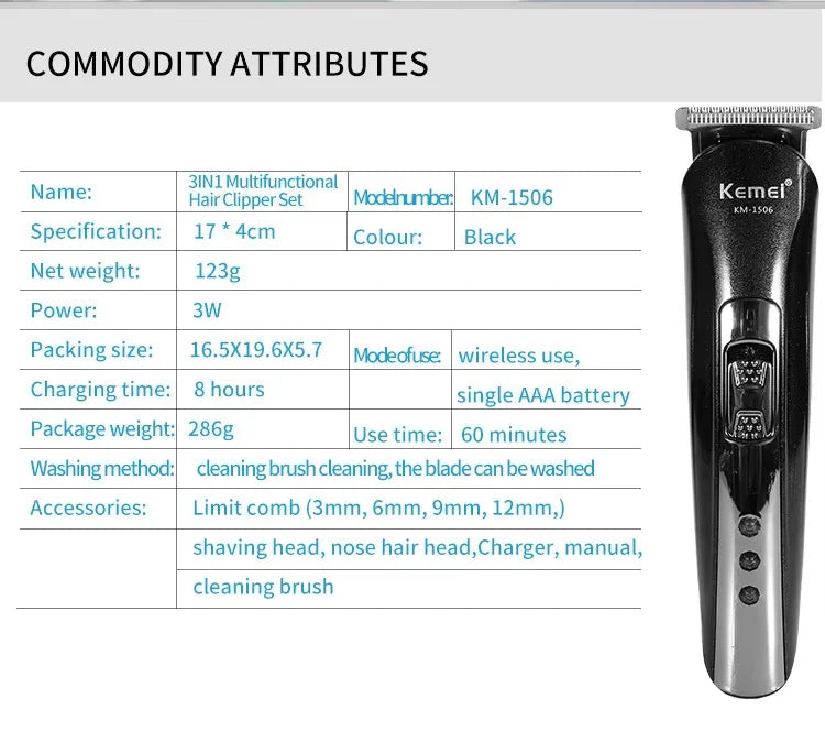 Kemei KM-1506 3 in 1 Electric Hair Clipper USB Charging Shaver Rechargeable Nose Hair Trimmer Professional Shaving Machine
