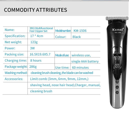 Kemei KM-1506 3 in 1 Electric Hair Clipper USB Charging Shaver Rechargeable Nose Hair Trimmer Professional Shaving Machine