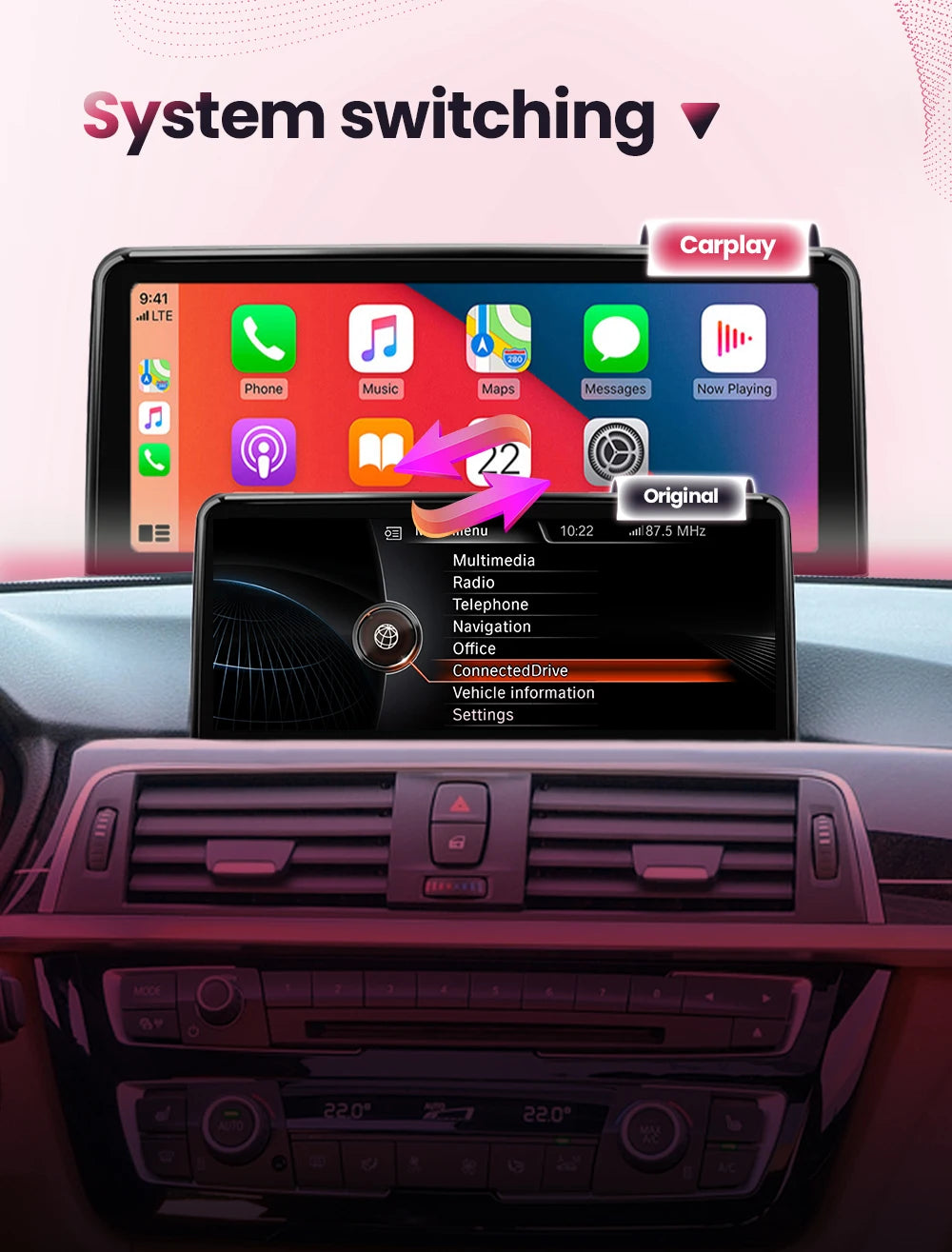 BONROAD Wireless Carplay Android auto Multimedia Player Car Radio For BMW 3 Series E90 E91 E92 E93 Touch Screen With Bluetooth