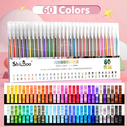 60 Colors Glitter Gel Pen 1.0mm Metal Glitter Color Ballpoint Pen Paper Cardstock Diary Drawing Marking Coloring DIY Art
