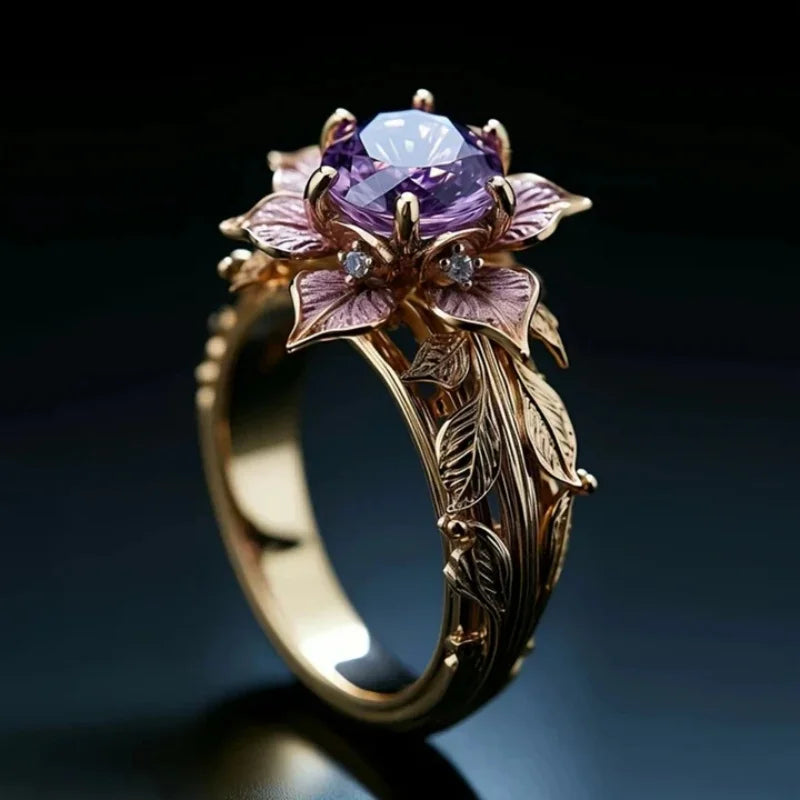 Exquisite Flower Shape Inlay Purple Color Zircon Rings For Women Birthday Gift Accessories Fashion Custom Jewelry