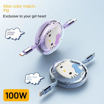 Sanrio Hello Kitty Cartoon Retractable PD 100W Cable USB Type C to Type C Fast Charging USB C to USB C Cable for iphone 15 Huawe