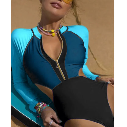 New Patchwork One-Piece Swimsuit Long Sleeve Swimwear Sports Backless Women's Swimming Bathing Suit Beach Wear Bather Surfing