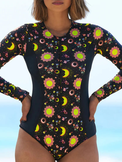 2025 New Swimwear Women Print Floral One Piece Swimsuit Long Sleeve Bathing Suit Swimsuit Vintage Beachwear Surfing Swim Suit