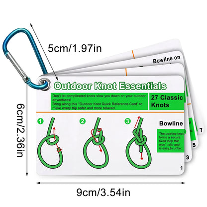7PCS/SET Outdoor Knot Essentials Cards 27 Classic Knots Guide with Mini Carabiner, Durable Pocket Reference for Camping Backpack