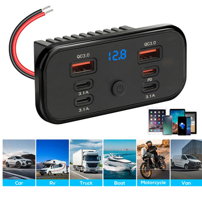 12V-24V 4 Ports Dual USB PD3.0 QC3.0 Outlet 76W Type-C Quick Charge Panel Wall Mount Charger Adapter for Marine Bus ATV Truck RV