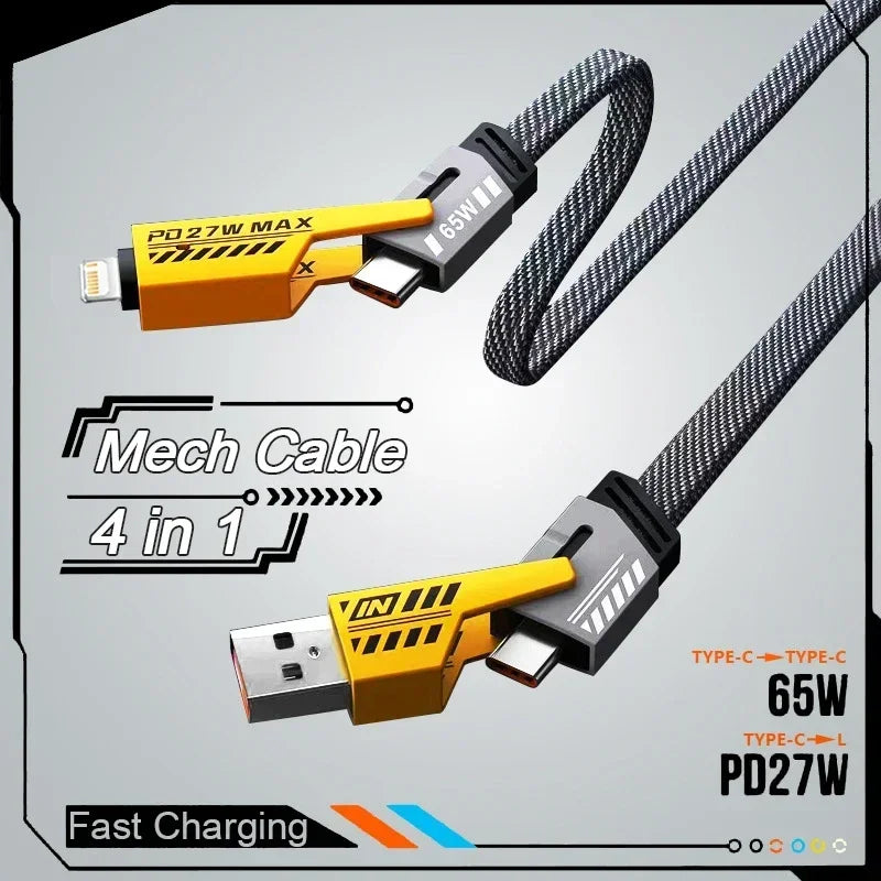 4-in-1 Fast Charging Cable, 65W PD QC Charging Cable with Multiple Connectors, Suitable for Android/iPhone