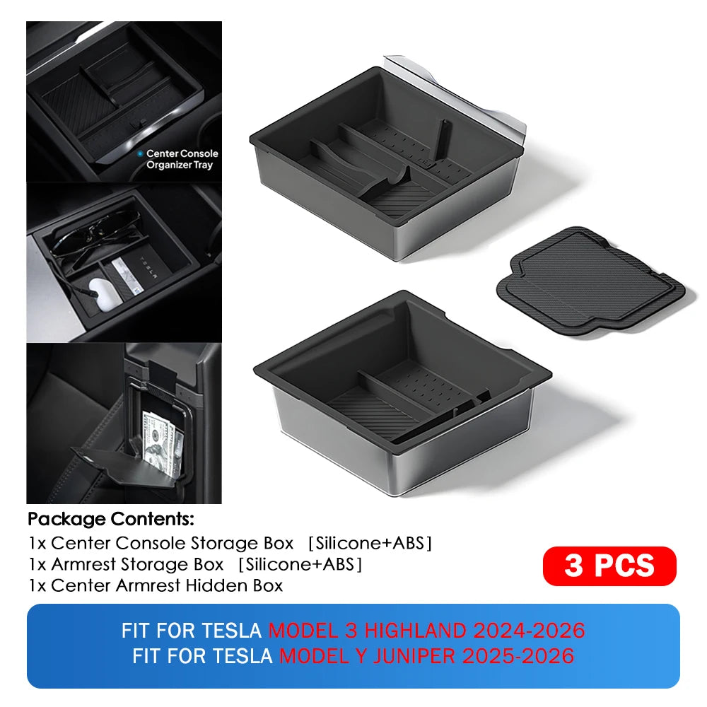 Heenvn For Tesla Model Y Juniper & Model 3 Highland 2025-2026 ABS Center Console Organizer Tray Armrest Storage Box Accessories
