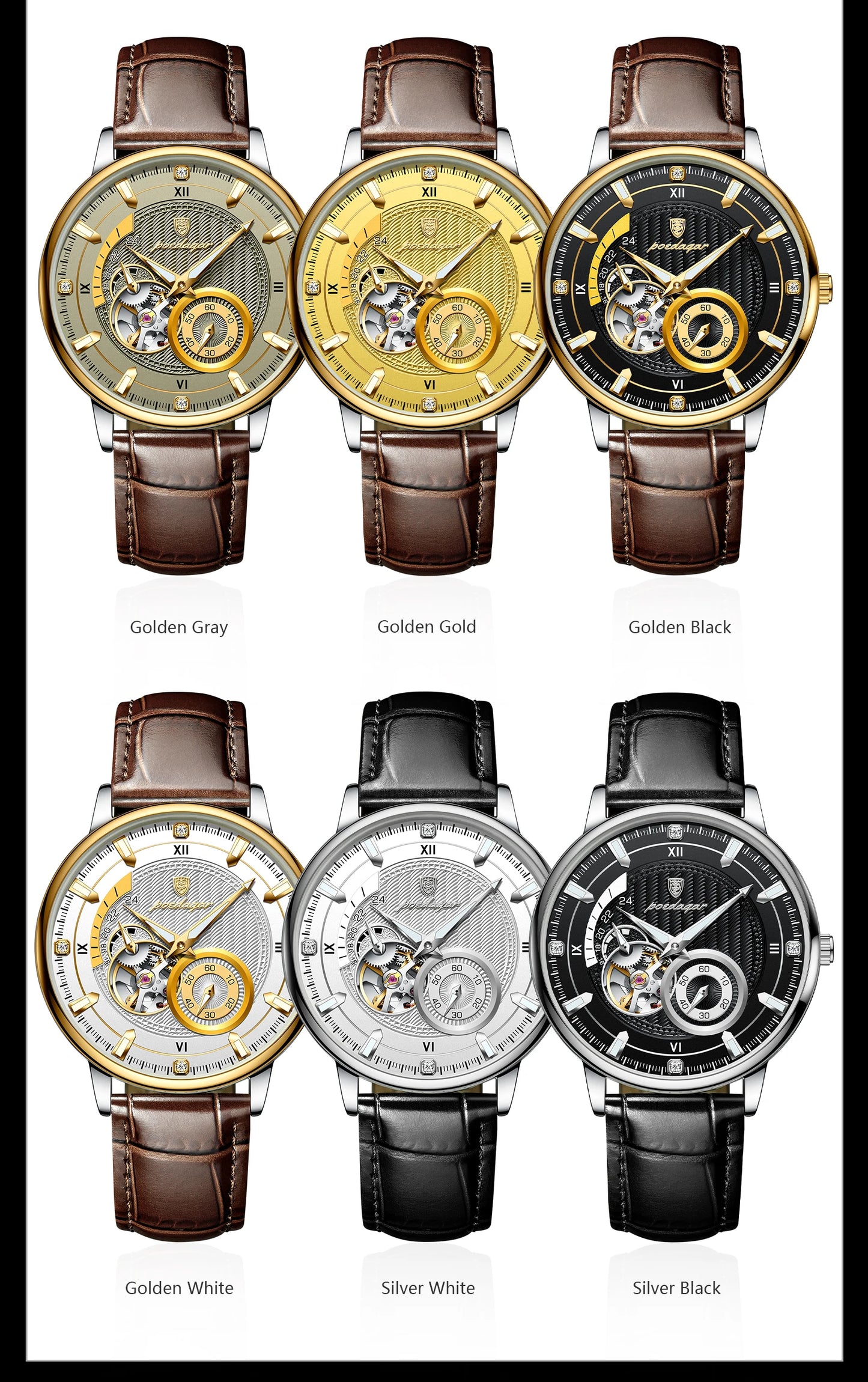POEDAGAR Fashion Business Men Watch Waterproof Luminous Hollow Tourbillon Male Clock Automatic Mechanical Leather Men's Watches
