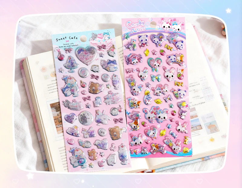 3 pcs/6 pcs Sweet Candy Pets Cat Coffee Cakes Flash Puffy 3D Stickers Scrapbooking Diy Diary Stationery Stickers School Supplies