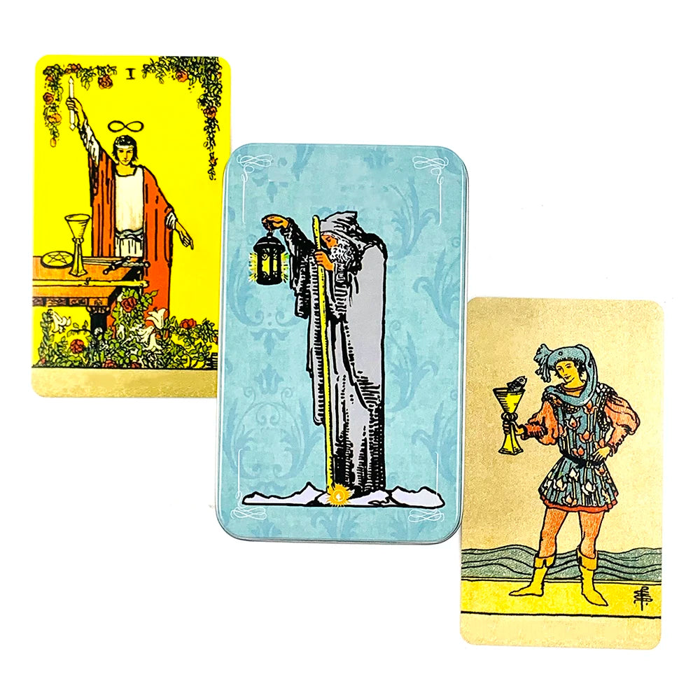 Metal Box Gilded Tarot Cards Deck Fate Divination Family Party Board Games ，Classic Design For Beginners & Pros
