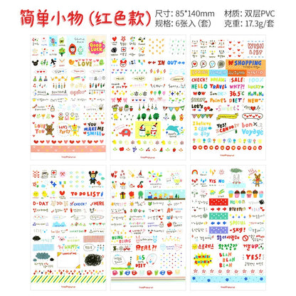 6Pieces/Set Transparent Pvc Waterproof Cartoon Sticker DIY Hand Account Decorative Stickers Kawaii Phone Cup Stickers