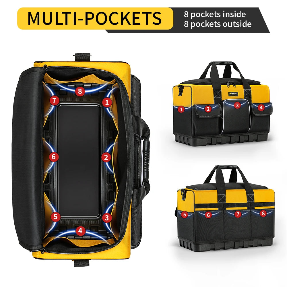 WINHUNT Heavy-Duty Tool Bag with Wide Mouth & Molded Bottom - Adjustable Shoulder Strap, Durable Polyester, Yellow/Black