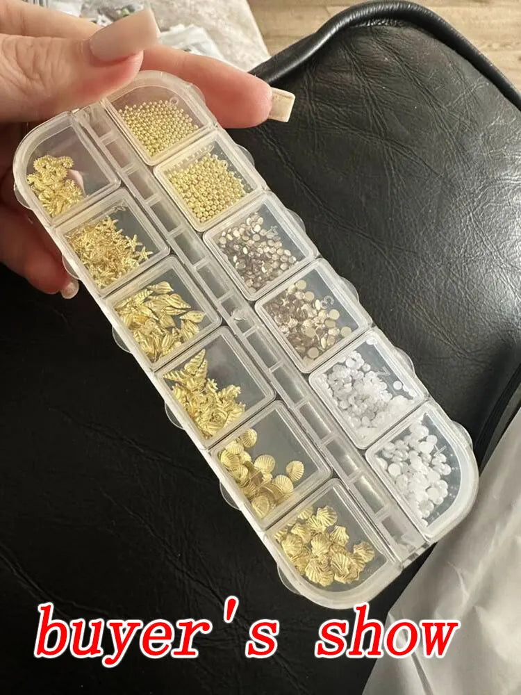 12Grid 3D Gold Ocean Rivet Nail Charms Mixed Seahorsea/Starfish /Conch Pearl/Mini Caviar Beads/Rhinestone Nail Jewery Decoration