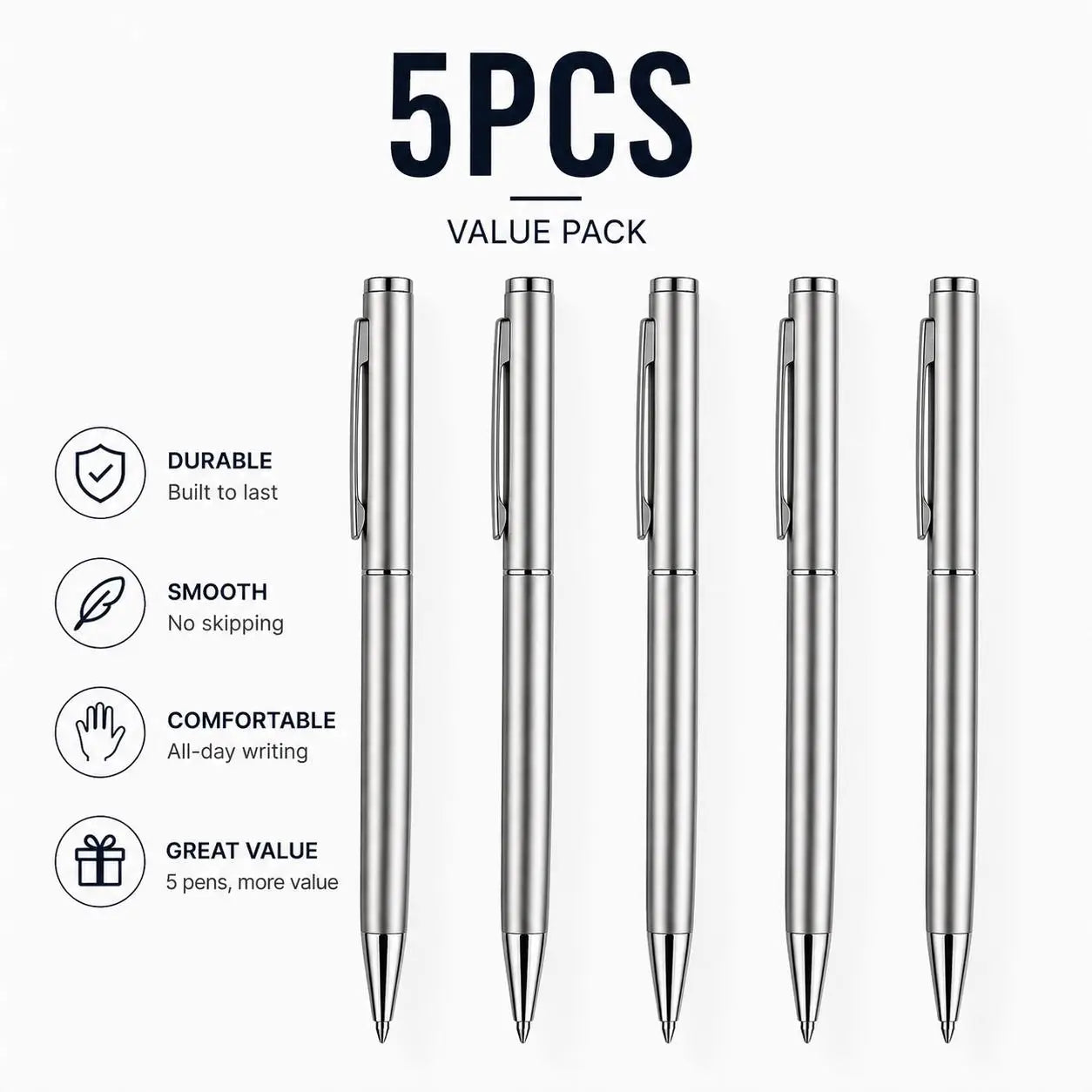5/10/20Pcs Stainless Steel Ballpoint Pens, Silver Metal Medium Nib Smooth Twist Writing Pens for Office School
