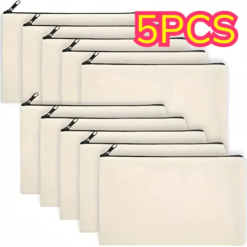 5pcs Blank Canvas Zipper Pouch Bulk, Makeup Bag Pencil Case For Cosmetic & DIY Crafts, Independence Day