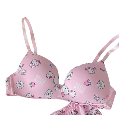 Hello Kitty Women’s Sexy Bra & Panty Set – No-Wire Push-Up Cartoon Lingerie, Breathable Gathered Underwear, Perfect Gift for Women