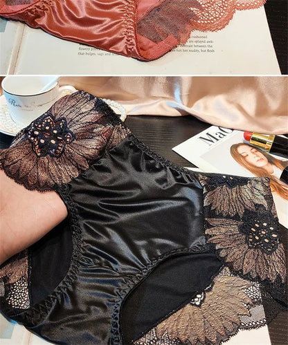 New Women Lace Flowers Panties Sexy Hollow Temptation Silk Breathable Underwear Tummy Mid Waist Butt Lift Briefs Intimate Panty