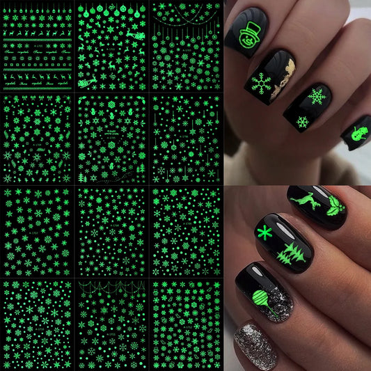 1Pc Luminous Christmas Snowflakes Nail Stickers Glow In The Dark Snowman Elk Adhesive Decals 3D Winter New Year Manicure Sliders
