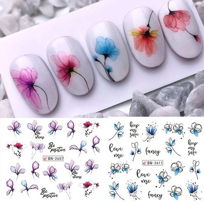 12 Pcs Summer Ink Blooming Flowers Nail Art Stickers, Water Decal Leaves Graffiti Slider Nail Decoration