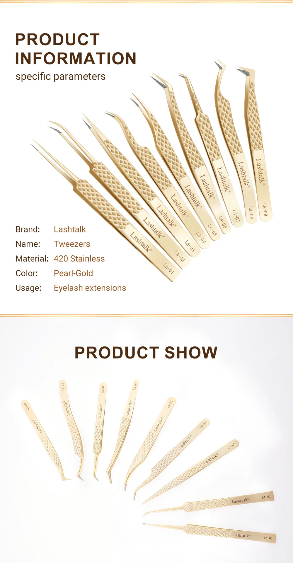 Lashtalk Precision Fiber Tip Tweezer Eyelash Extensions Diamond Grip Anti-Slip Premium Gold Stainless Steel Makeup With Box Pack