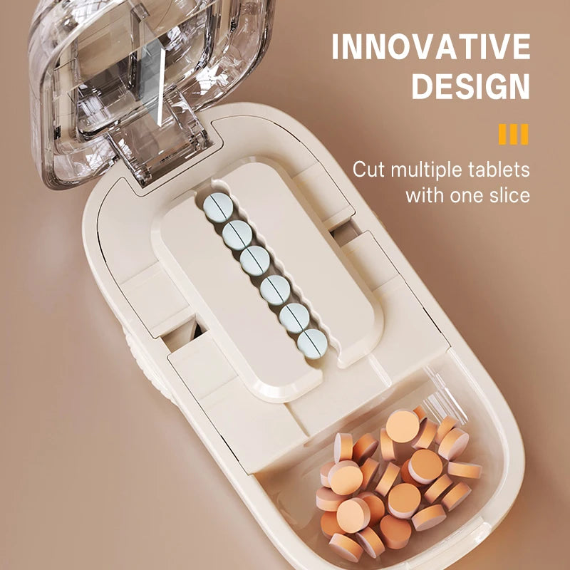 Pill Cutter & Storage Box – Quartering 1/2/1/31/4 Splitter, Portable Dustproof Tablet Divider Organizer with Crusher