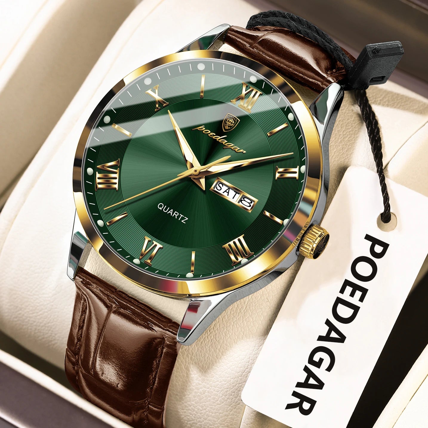 POEDAGAR Business Brand Men Clock Waterproof Luminous Date Week Fashion Man Wristwatch Leather Luxury Men's Quartz Watches Reloj
