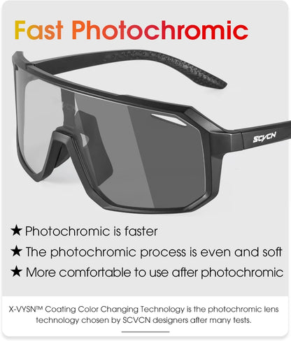 SCVCN Photochromic Cycling Sunglasses Outdoor Cycling Road Mountain Bike Glasses Men and Women Casual Hiking Windproof Glasses