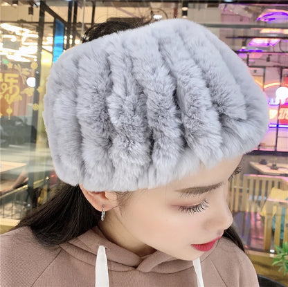 Women Handmade Stretch 100% Real Rabbit Fur Scarf Knit Genuine Rex Rabbit Fur Headbands Girls Natural Rabbit Fur Ring Scarves