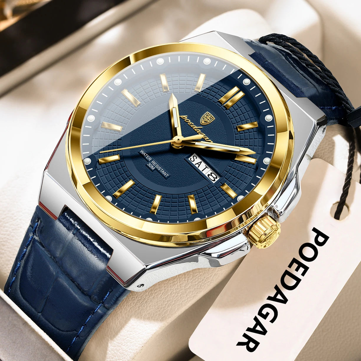 POEDAGAR Fashion Brand Man Wristwatch Waterproof Luminous Date Week Quartz Luxury Men's Watches Leather Business Men Watch Reloj