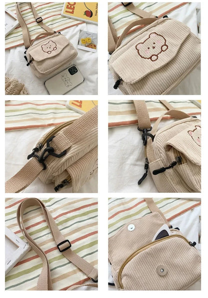 Personalized Teddy Bear Embroidered Diagonal Shoulder Bag, Corduroy Leisure Bag, WOMEN'S Crossbody Bag