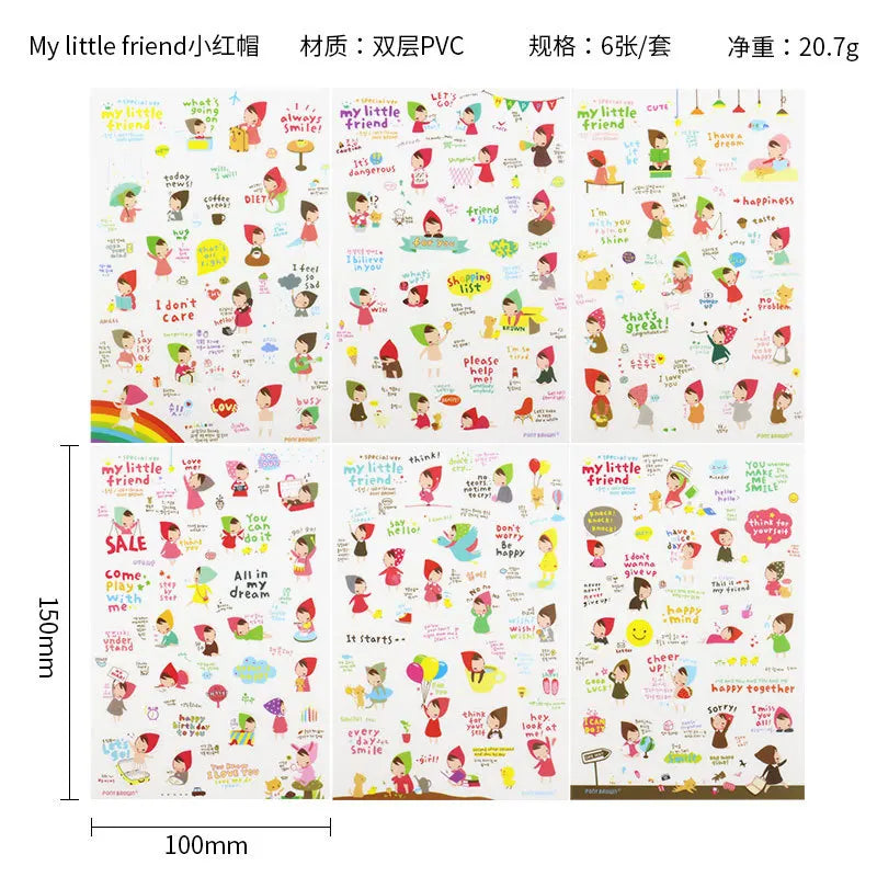 6Pieces/Set Transparent Pvc Waterproof Cartoon Sticker DIY Hand Account Decorative Stickers Kawaii Phone Cup Stickers
