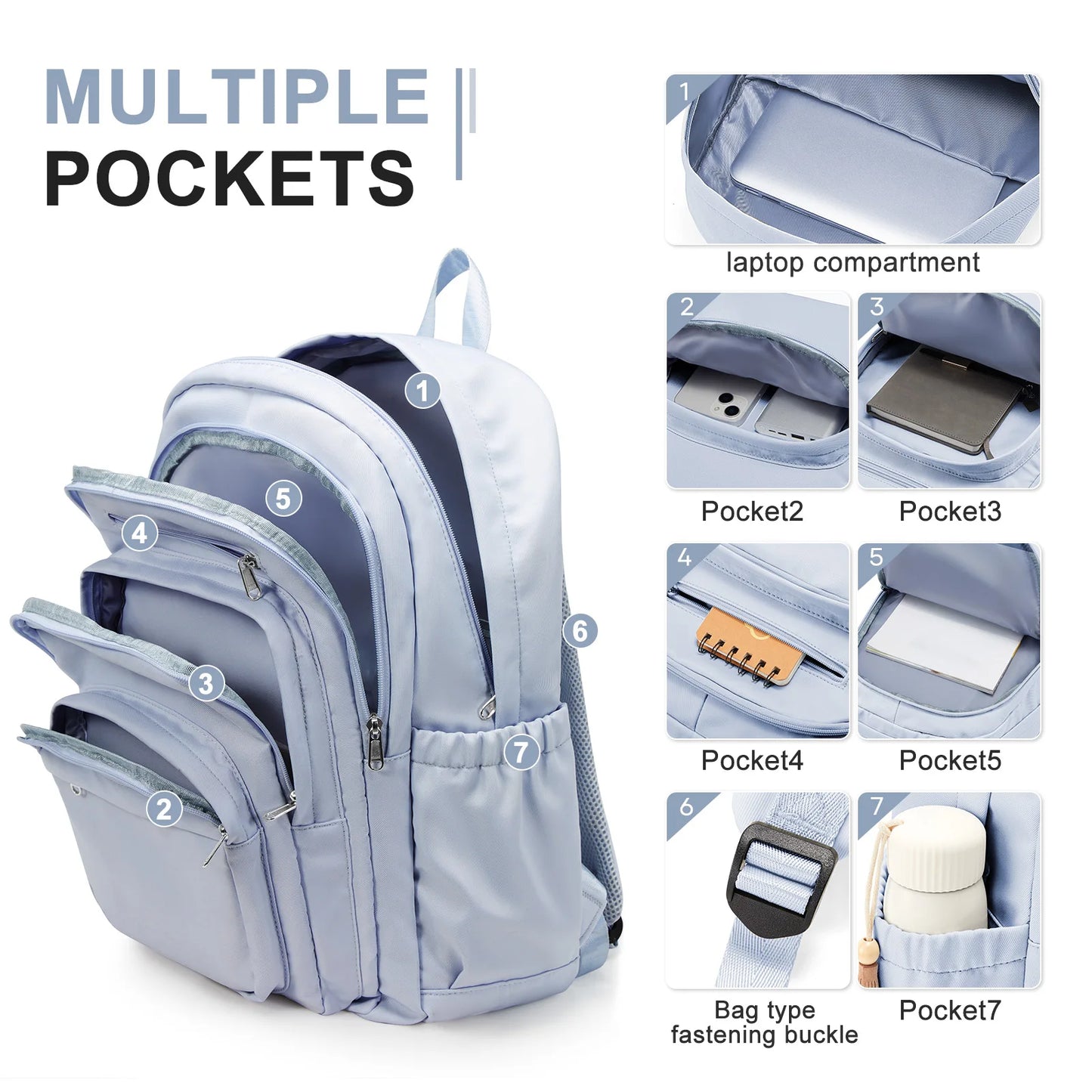 Casual Nylon Backpack, Backpack for Women, Multi-Pocket Design in Light Blue Durable for School, High School and College Bookbag