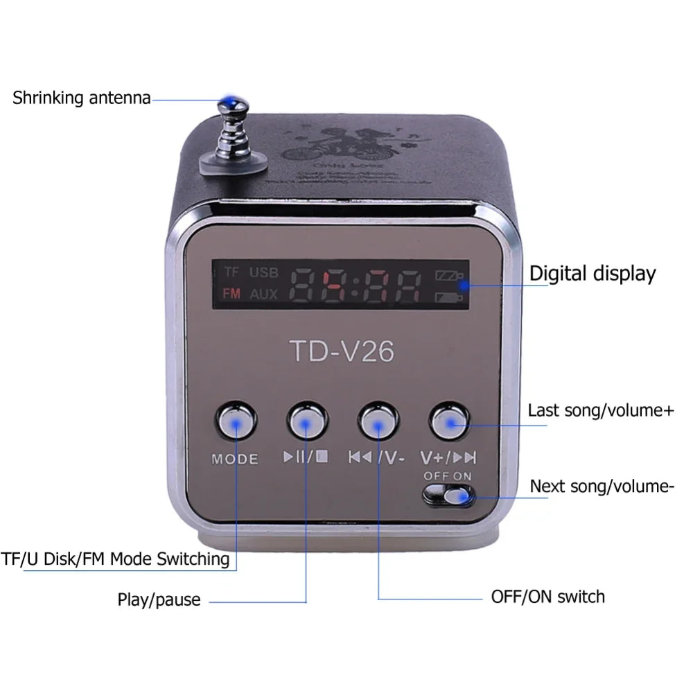 TD-V26 Portable Mini Bluetooth Speaker with Screen FM Radio MP3 Player Support TF Card for Laptop Phone