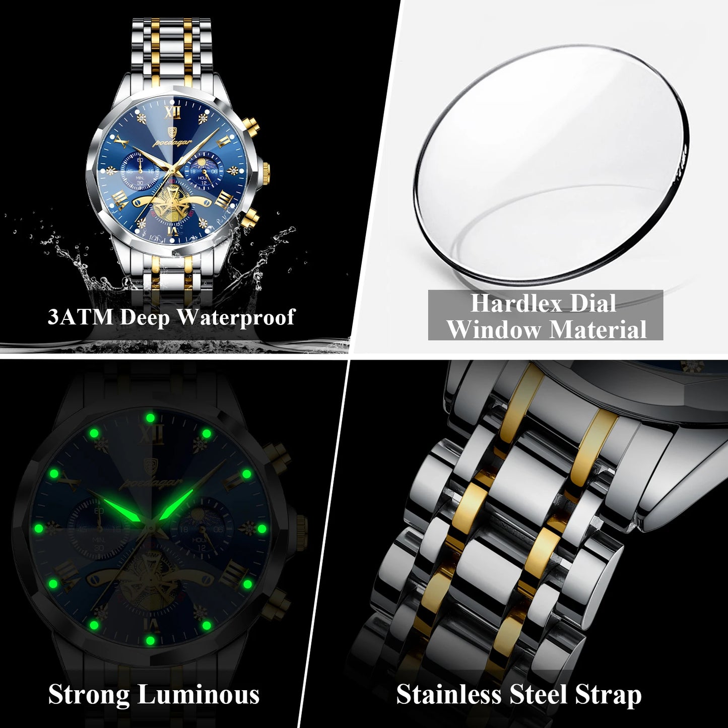 POEDAGAR Luxury Original Men Watch Waterproof Luminous Chronograph Man Wristwatch Stainless Steel Quartz Top Men's Watches Reloj