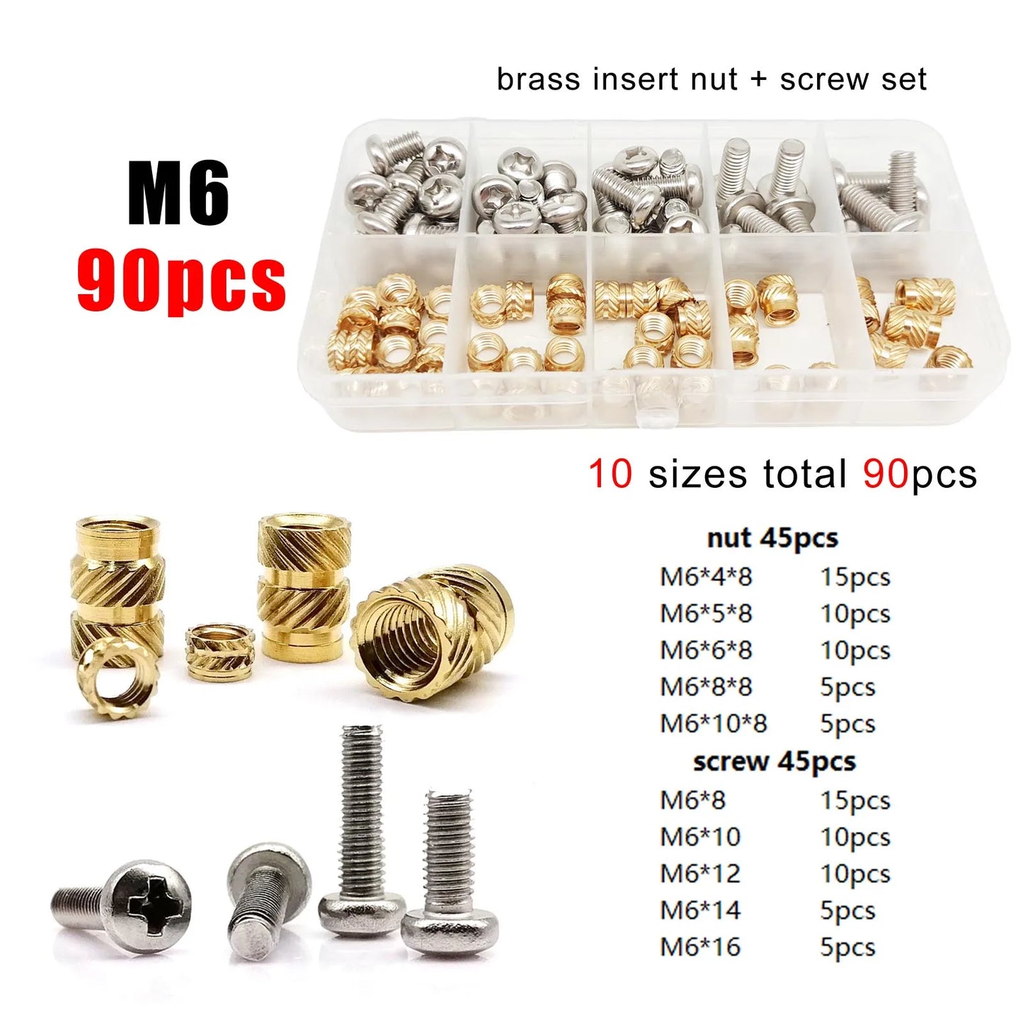 M1.4 M1.6 M2 M2.5 M3 M4 M5M6 Brass Copper Twill Knurled Thread Hot Heat Melt Injection 3D Print Embed Insert Nut Screw Kit Set