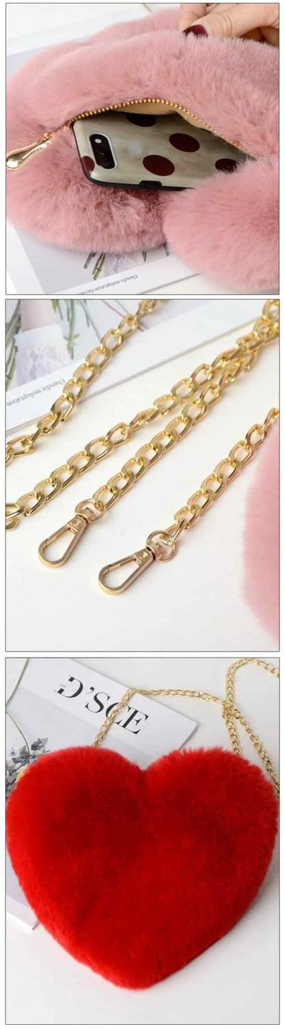 Love Bag New Valentine's Day Chain Plush Heart shaped Bag Female Diagonal Cross Bag Peach Heart shaped Love Small Bag Female