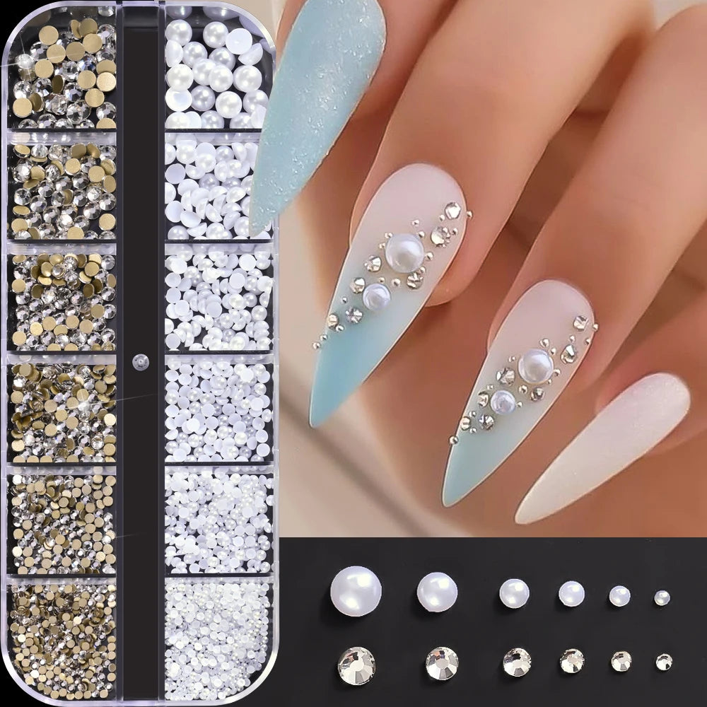 12Grid 3D Gold Ocean Rivet Nail Charms Mixed Seahorsea/Starfish /Conch Pearl/Mini Caviar Beads/Rhinestone Nail Jewery Decoration