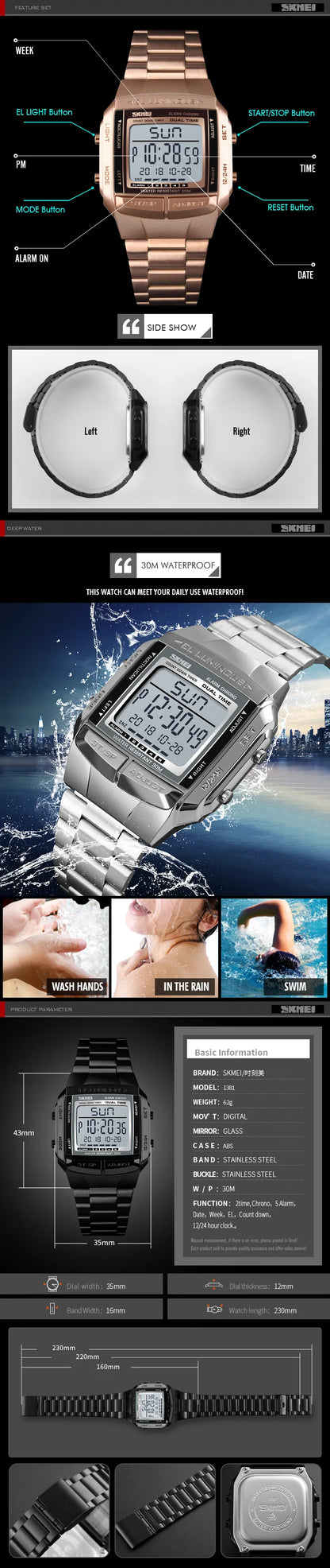 SKMEI 1381 Luxury Digital Watch for Men Sports Electronic Waterproof LED Display Wristwatches Mens Countdown Clock Reloj Hombre