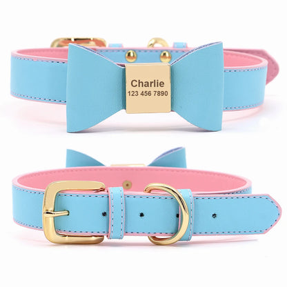 Custom PU Leather Dog Collar Soft Bowknot Pet Collars Engraved Name Puppy Cat Necklace Anti-lost for Small Medium Large Dogs Pug