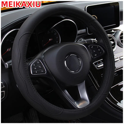 38cm PU Fiber Leather Steering Wheel Cover Embossed Style round Car Decorations Accessory with Inner Ring for All Seasons